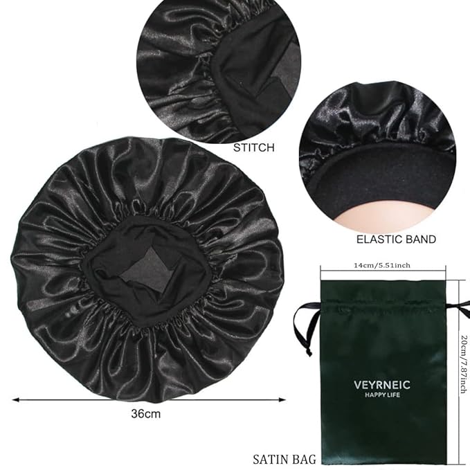 VEYRNEIC Hair Satin Bonnet for Sleeping Shower Caps Silk Chemo Caps with Wide Elastic Band Night Sleep Cap Bonnets for Black Women Braids with Satin Storage Bag (Black)