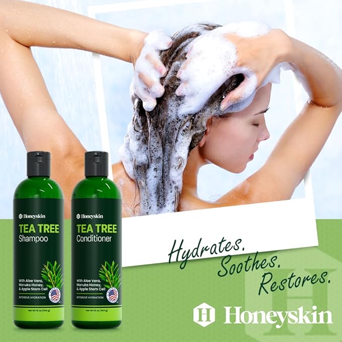 Tea Tree & Honey Shampoo & Conditioner Set - Dandruff Treatment With Organic Tea Tree Oil - Itchy Scalp Treatment for Women & Men - Sulfate and Paraben Free With Manuka Honey Aloe Vera & Coconut (8oz)