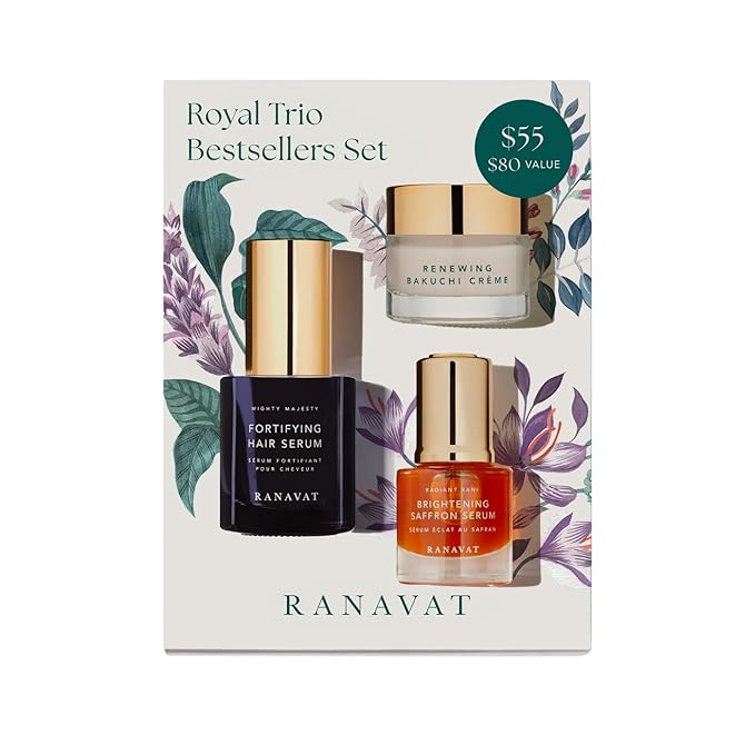 RANAVAT Royal Trio Travel Size Gift Set - Set Includes Brightening Saffron Face Serum, Renewing Bakuchi Face Cream & Fortifying Hair Serum - Clinically Tested Vegan Skincare & Haircare (3 Count)