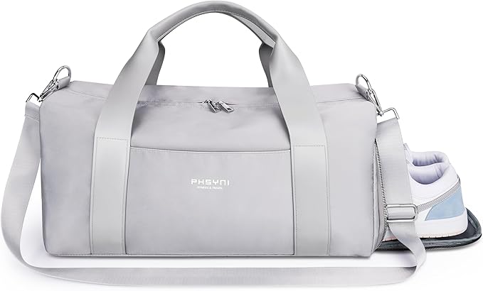 Gym Bag for Men and Women with Shoe Compartment & Wet Pocket - Duffle Bag for Travel Sports Fitness Workout Athletic, 19" Medium, Neutral Grey