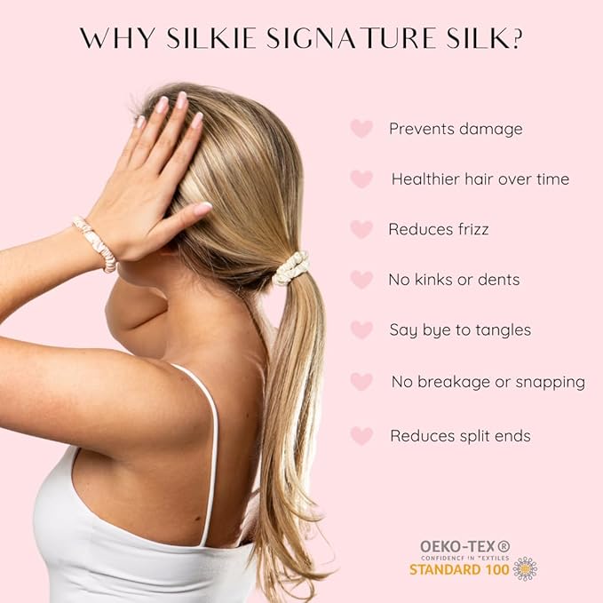 SILKIE x4 Set - Better than Satin - 100% Pure Mulberry Silk Black on Black Skinny Scrunchies Travel Pouch Everyday Hair Ties Elastics Hair Care Ponytail Holder No Damage (Noir)