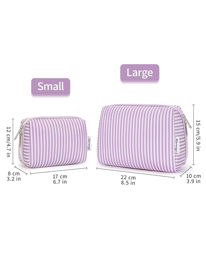 Narwey Small Striped Makeup Bag for Purse Mini Cosmetic Bag Travel Makeup Pouch Zipper Pouch Cute Make up Bags with Compartments for Women Girls (Purple Stripe, Small)