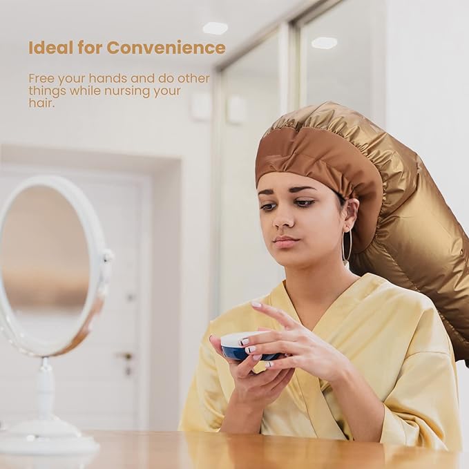Segbeauty Hair Dryer Bonnet, Extra Large Deep Conditioning Cap Attachment, Upgraded Adjustable Drying Heat Cap Hooded with Elastic Strap for Fast Drying Curly Hair Styling Nursing Oil Treat-Ment Gold