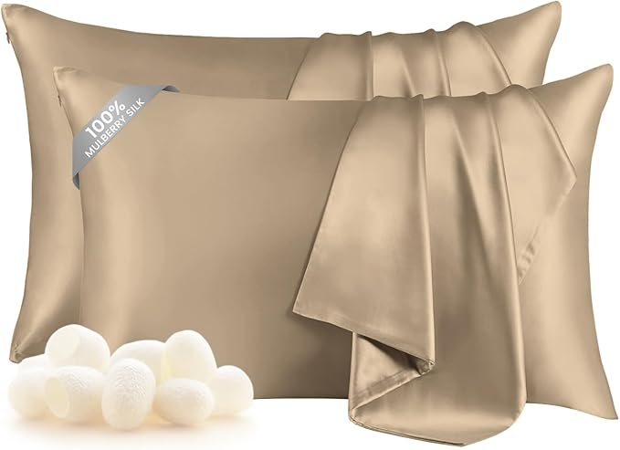 THXSILK Set of 2 Silk Pillowcase for Hair and Skin, 100% Mulberry Silk Bed Pillowcase Ultra-Soft, Hypoallergenic Soft Breathable Silk Pillow Case with Hidden Zipper, King Size 20"x36", Taupe