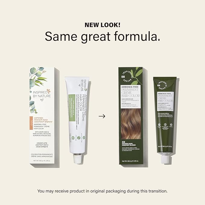 ion Inspired By Nature Permanent Hair Color Natural Darkest Rich Chestnut Brown 2NN, made from 100% naturallyderived polymers, cruelty free, vegan, PPD free, recyclable packaging, 2.05 oz