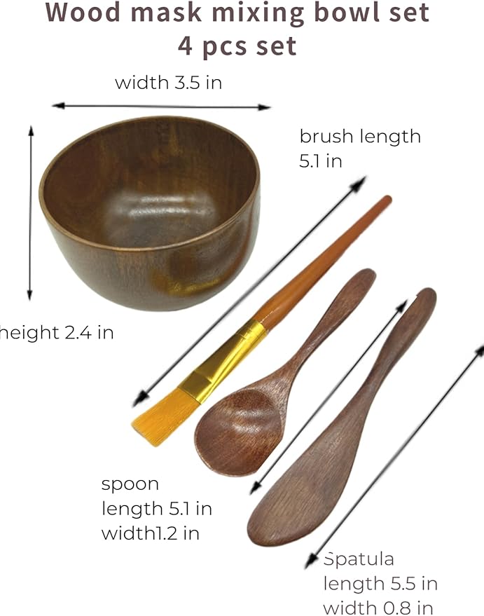 Face Mask Mixing Bowl Set Brown Wood,4 Pack Diy Facial Tools For Skin Care,Facemask Mixing Tool Kit With Facial Mask Bowl,Spatula,Spoon,Brush Applicator,Facial Esthetician Supplies
