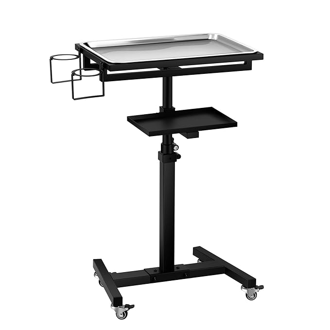 POARMEEY Stainless Steel Tattoo Tray with Wheels Trolley Adjustable Height Tattoo Workstation Rolling Tray for Studio Salon & Spa