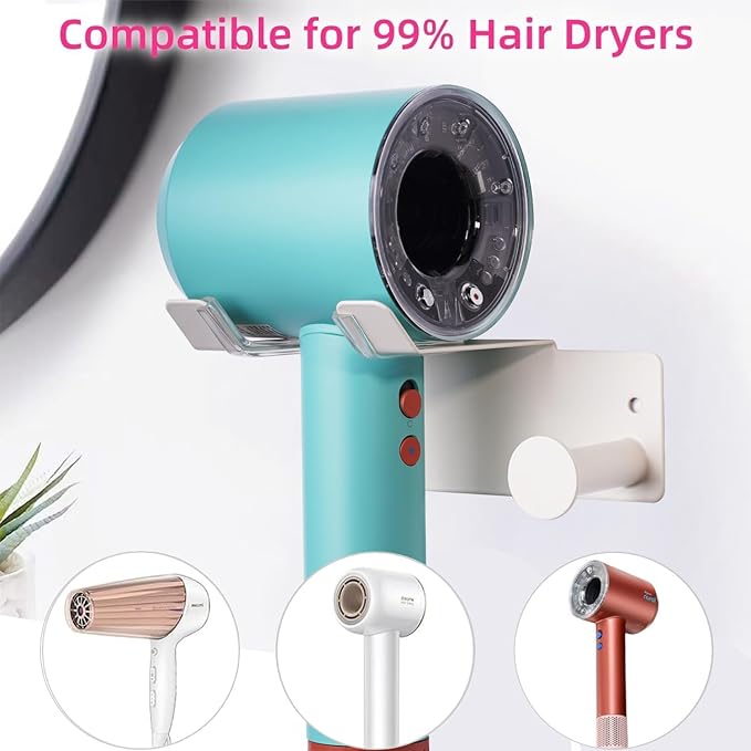 Hair Dryer Holder, HairDryer Holder Wall Mounted, Self Adhesive Blow Dryer Holder, Stainless Steel Hair Dryer Holder, Hairdryer Holder for Bathroom White