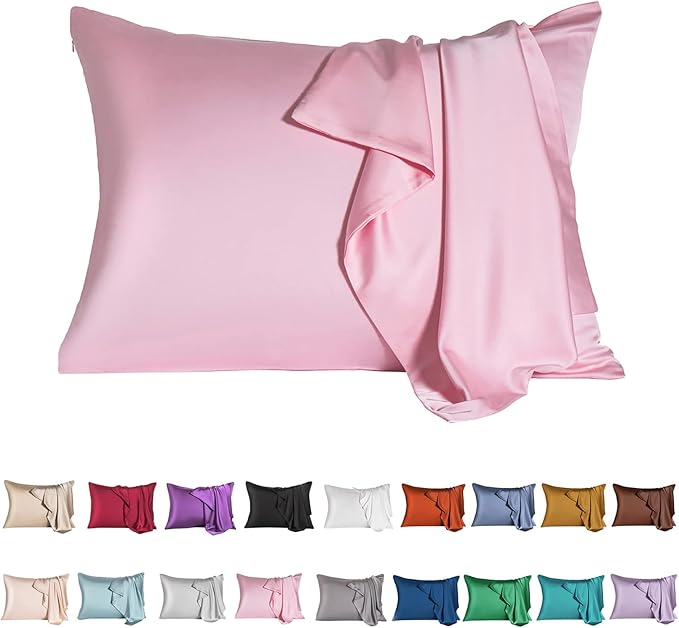 Mulberry Silk Pillowcase for Hair and Skin,Standard Size Cooling Silk Pillow Case with Hidden Zipper,Allergen Proof Dual Sides Soft Breathable Smooth Silk Pillow Cover for Women(Queen,Pink)