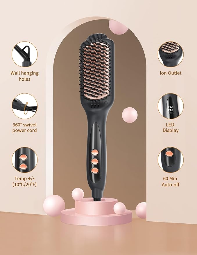 LANDOT Hair Straightener Brush for Thick Curly Hair - Ionic Ceramic Straightening Brush with Dense Bristles & 12 Temp Settings, Dual Voltage, Fast Heating for Frizz-Free Smooth Hair, Black