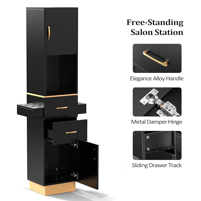 Salon Stations for Hair Stylist, Barber Station Hair Salon Station, Beauty Salon Spa Equipment with 2 Drawers, 2 Storage Cabinet, 6 Hair Dryer Holders for Hair Styling, Black Gold