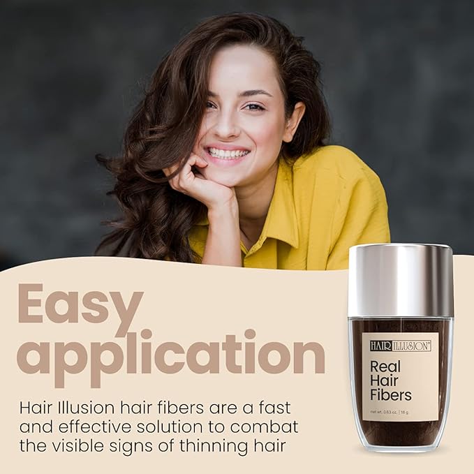 Hair Illusion Dark Brown Real Hair Fibers for Thinning Hair - 100% Natural Texture, Non Synthetic Hair Fibers - Bald Spot Cover Up for Women & Men - 18 Gram