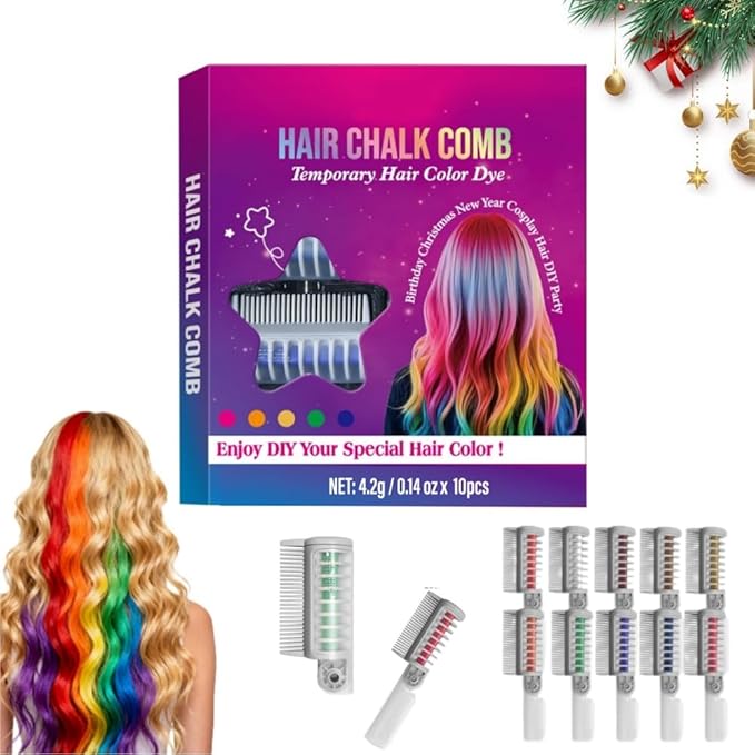 Festive Fun Hair Chalk Combs,2026 NEW Hair Color Comb Temporary Hair Chalk Comb,8/10 Color Washable Hair Chalk Set Hair Chalk Comb Temporary Bright Washable Hair Color Dye (10 Colors)