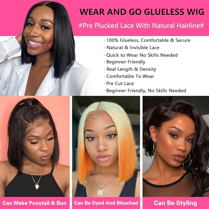Wear and Go Glueless Bob Wigs Human Hair Pre Plucked Natural Hairline Straight Short Bob Wig 180 Density 4x4 HD Lace Closure Wig Human Hair for Women Brazilian Virgin Hair Natural Black 8 Inch