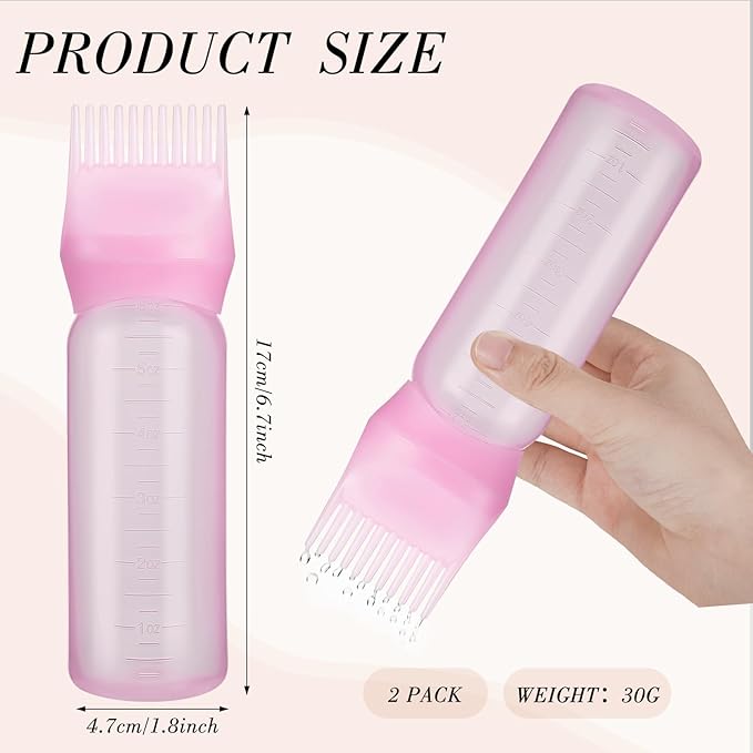 Pimoys 2 Pack Root Comb Applicator Bottle, 6 Ounce Oil Applicator for Hair Dye, Hair Oiling Applicator Hair Coloring Brush Bottle with Graduated Scale