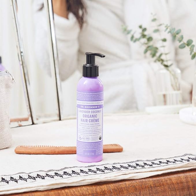 Dr. Bronner's - Organic Hair Crème (Lavender Coconut, 6 Ounce) - Leave-In Conditioner and Styling Cream, Made with Organic Oils, Hair Cream Supports Shine and Strength, Nourishes Scalp, Non-GMO