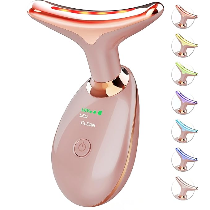 Red Light Therapy for Face and Neck, 7 Color Face Massager Tool for Wrinkles, Double Chin, Vibrating Facial Massager with Thermals for Skin Care, Rose Gold