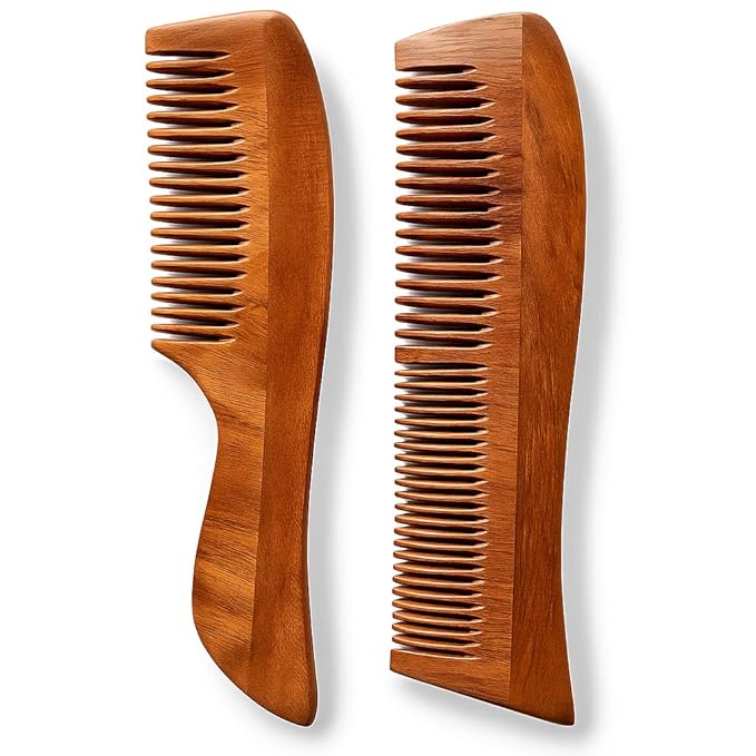 Natural Neem Wood Comb Set of 2 [Wave Lily & Wave Handle] – Wide & Fine Tooth Handmade Wooden Hair Combs for Men & Women | Eco-Friendly, Plastic-Free, Scalp Comb for Gentle Hair Care