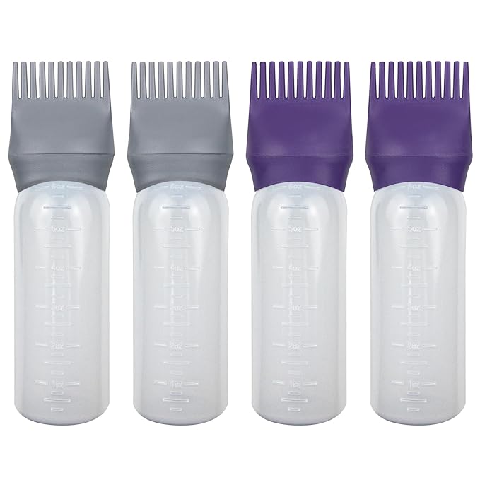 ELANE 4 Pack Root Comb Applicator Bottle for Hair Oiling, Dye, Shampoos and Salons (Purple+Grey)