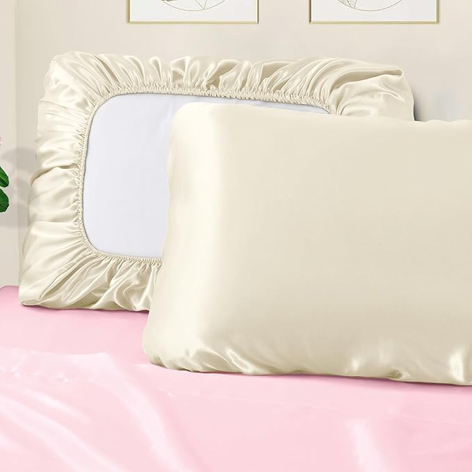 Manyshofu Satin Pillowcases for Hair Protection - 1Pcs Beige Pillow Cases, Elastic Band Standard & Queen Satin Pillowcases Luxury Silky Pillow Cases Travel Pillow Covers