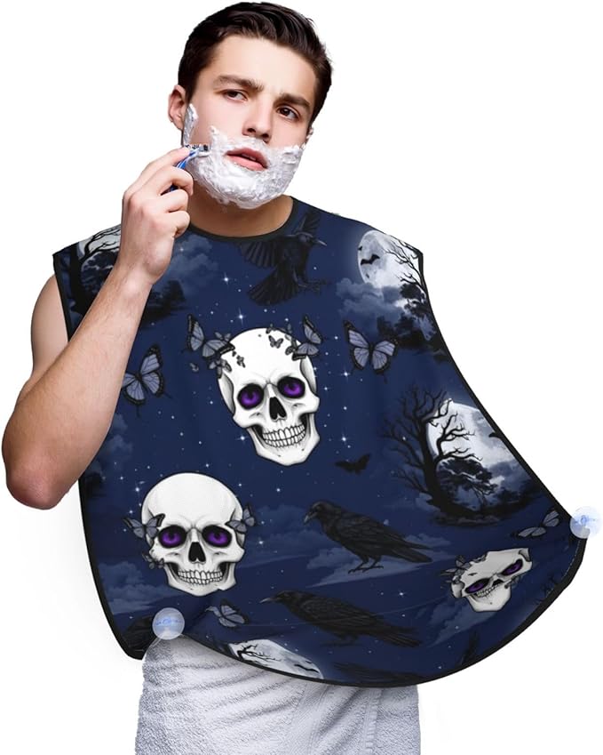 Adjustable Beard Bib, Non-Stick Hair Catcher Cape for Men's Shaving, Waterproof with 2 Suction Cups, Halloween Full Moon Raven Goth Skulls Shave Bib