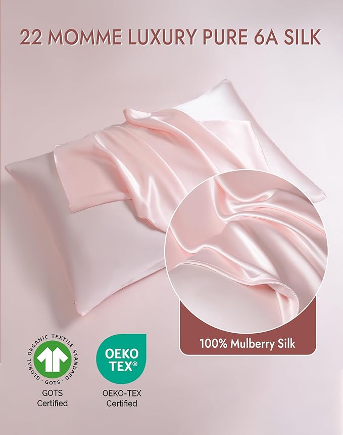SilkSilky 100% Mulberry Silk Pillowcase - Pure 22 Momme High-Grade 6A Fibers for Hair & Skin, Envelope Closure, Natural, Organic, Breathable & Cooling Pillow Case (Standard, Pink)