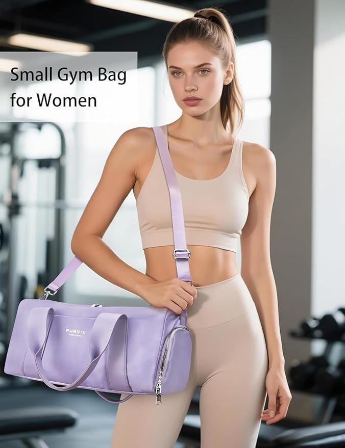 Small Sports Gym Bag for Women Girls Kids Duffle Bag for Fitness Workout, Travel, Dance, Ballet, Swim with Shoes Compartment & Waterproof Pocket, 16" Cute Purple