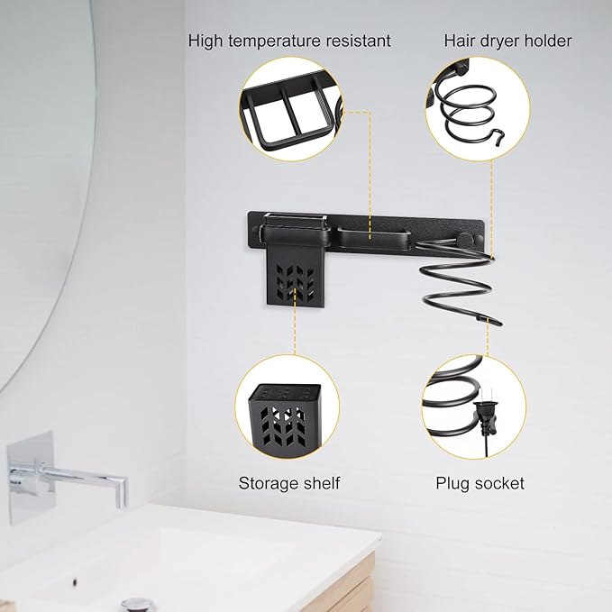 YUET Hair Dryer Holder Hairdryer Station Wall Mounted Spiral Shelf Bracket Stand Hanger Straightener Organizer Blow Storage with Holes Rack For Bathroom Aluminum Professional (Black With Cup)