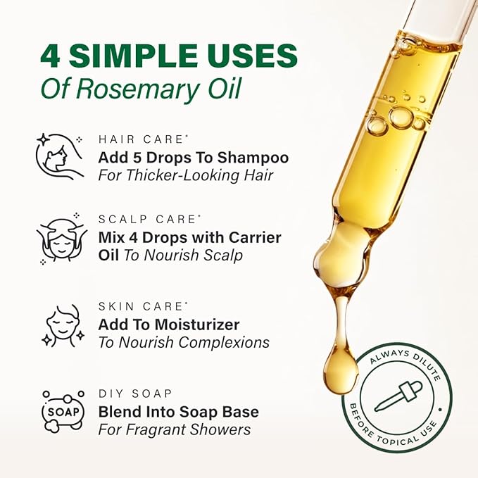 KUKKA Rosemary Essential Oils - 4 Fl Oz - for Hair, Skin, Diffuser, Aromatherapy & DIY Soap Making Scent