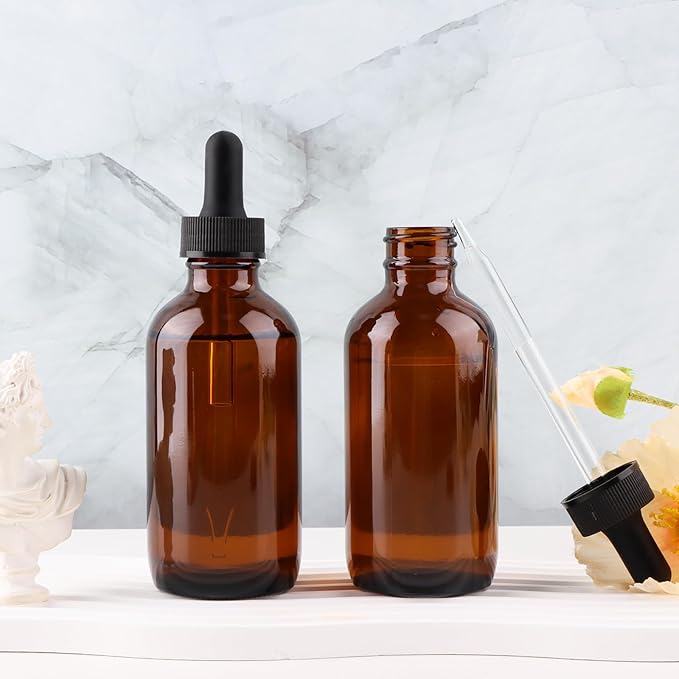 42 Pack 4oz Amber Glass Bottles with Glass Eye Droppers for Essential Oils, Perfumes & Lab Chemicals (Brush, Funnels, 3 Extra Droppers, 48 Pieces Labels & 30ml Measuring Cup Included)