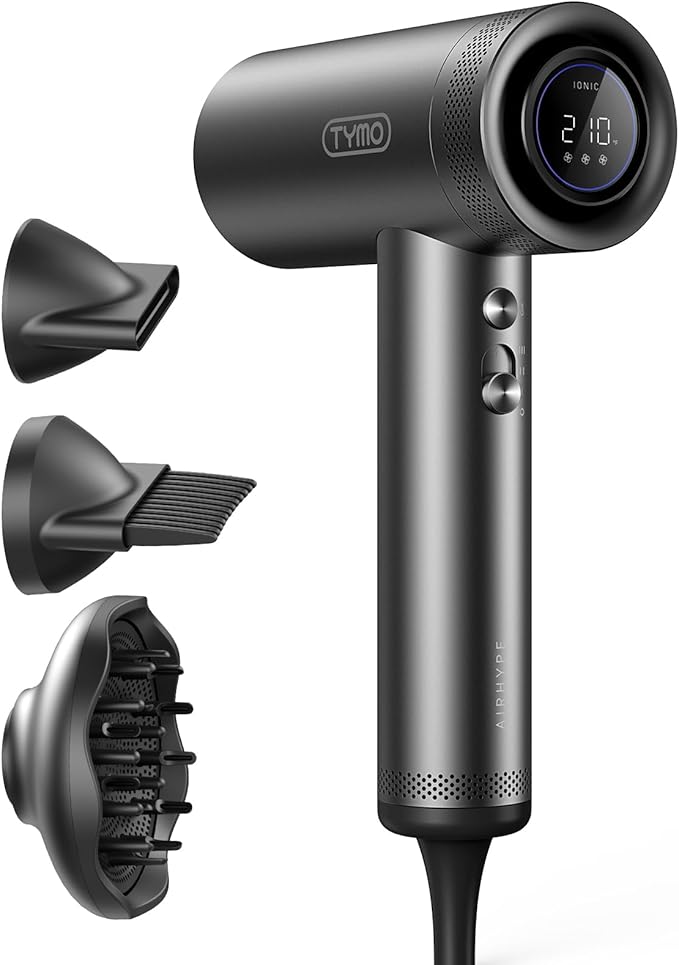 TYMO Hair Dryer with Diffuser for Women - 1500W Professional High Speed Blow Dryer with Comb, 110,000RPM Fast Dry, 200 Million Ionic Hairdryer, 4 Temps & 3 Speeds, 8 Ft Cord for Salon, Graphite