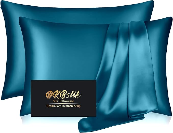 Silk Pillowcase 2 Pack, Mulberry Silk Pillow Cases Queen Size Set of 2, Anti Acne Silk Pillowcase for Hair and Skin, Natural Satin Pillowcases Gifts for Women Men 2 Pack with Zipper, Teal