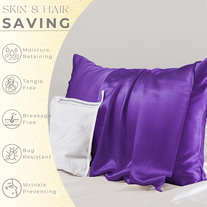 PROMEED Upgraded Grade 6A+ Purple Silk Pillowcase with Zipper, 23 Momme Natural Mulberry Silk Pillow Cases for Hair and Skin - Easy Care with Laundry Bag (Standard 20"x26", Purple)