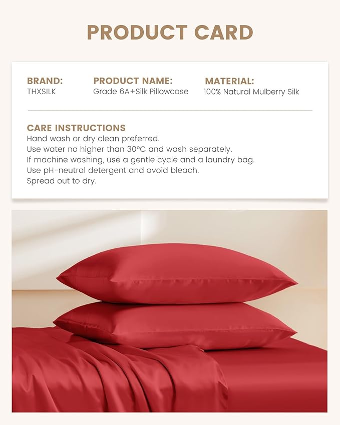 THXSILK 100% Pure Mulberry Silk Pillowcase for Hair and Skin, Highest 6A+ Grade Silk Pillow Case Standard Size, Real Silk Pillowcase with Zipper (Red, Standard Size 20"x26")
