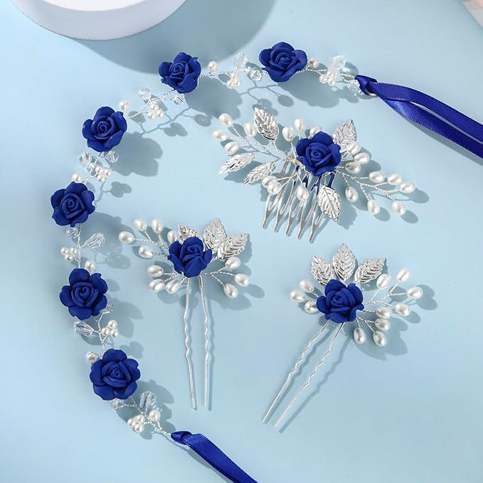 Wedding Hair Accessories Hair pieces Set Crystal bridal hair pins Rhinestone Pearl hair comb Brides and Bridesmaids, Girls, Women(（4PCS/SET BLUE)
