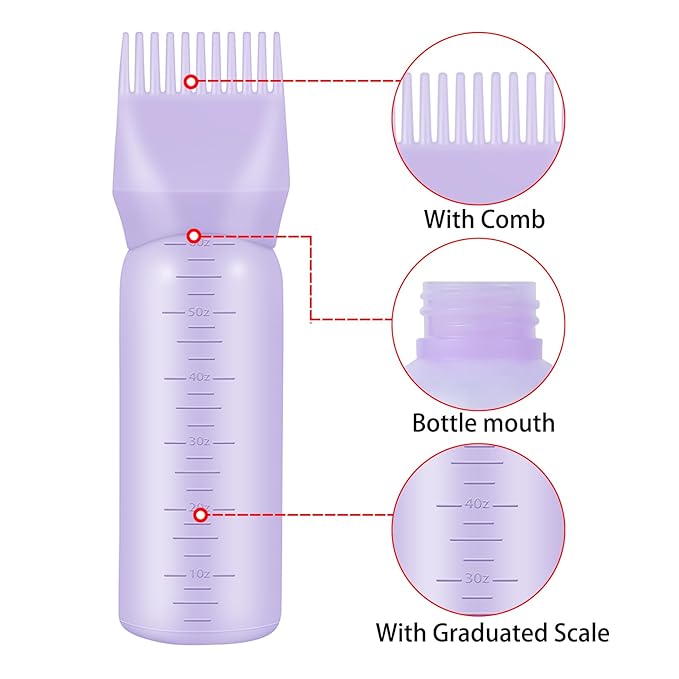 4Pcs Root Comb Applicator Bottle, 6 Ounce Hair Dye Bottles with Comb and Graduated Scale Plastic Hair Oil Brush for Hair Care and Color, Purple