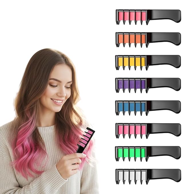 Festive Fun Hair Chalk Combs, 2026 New Chalk Hair Color for Girls, Temporary Wash out Hair Color Kids, Christmas Girl Gifts, Skin Safe Materials (8 colors)