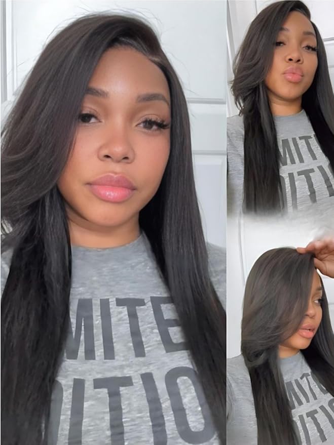 Yiroo Light Yaki Straight Wig Human Hair with Side Swept Bangs,7x5 Lace Front Bye Bye Knots Glueless Wig Human Hair Pre Plucked Pre Cut,Elastic Drawstring Wear and Go Wig for Women 150% Density 16Inch
