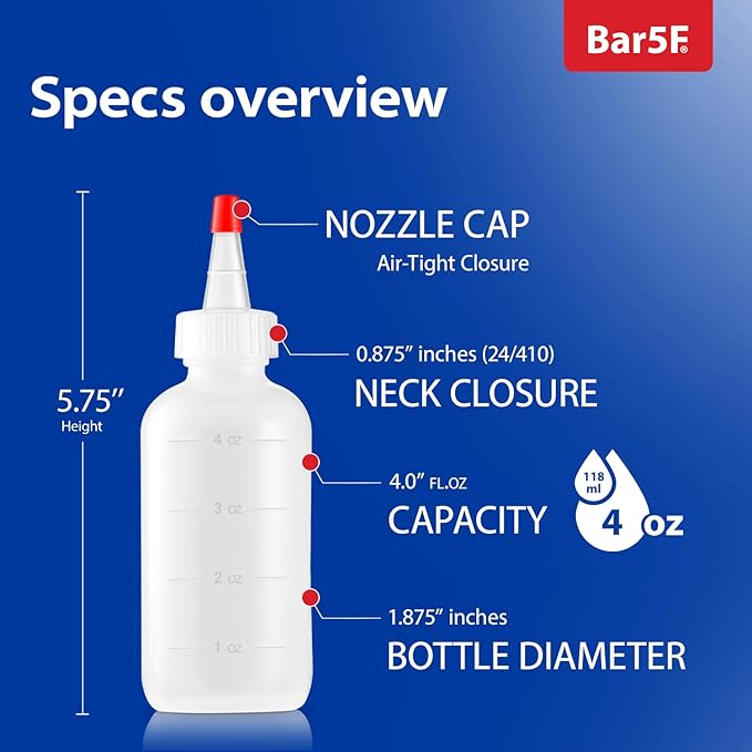 Bar5F 4-Pack Soft Squeeze Hair Applicator Bottle for Hair Treatment, Scalp Oil, Root, Color, 4 Ounce Translucent with Measuring Scale and Cap, BPA Free | Set of Bulk