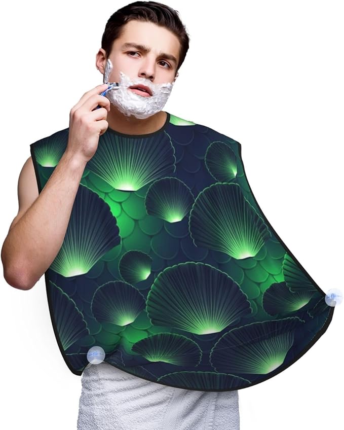 Adjustable Beard Bib, Non-Stick Hair Catcher Cape for Men's Shaving, Waterproof with 2 Suction Cups, Green Scales Mermaid Dragon Shave Bib
