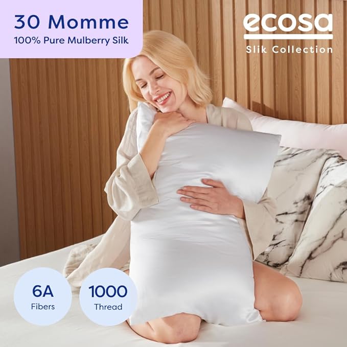 ECOSA Luxurious 30 Momme 100% Mulberry Silk Pillowcase (50x70cm) – 6A Grade Charmeuse Weave, Oeko-TEX® Certified – Frizz-Free Hair & Wrinkle-Free Skin (White)