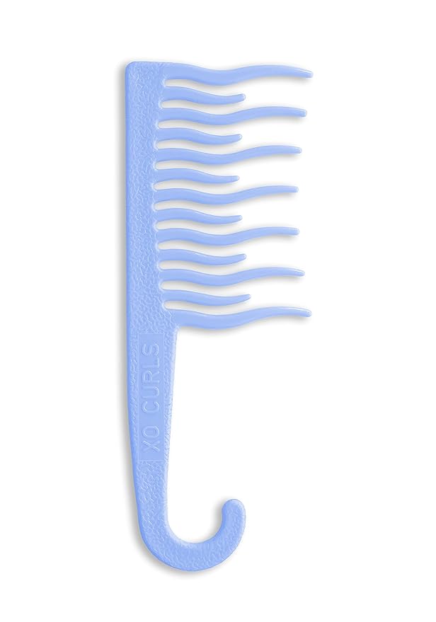XO Curls Shower detangling hair comb, Wide tooth comb, Comb with hook for easy hanging in shower, Gentle on Scalp, Hair comb for with curly & wavy hair (Blue)