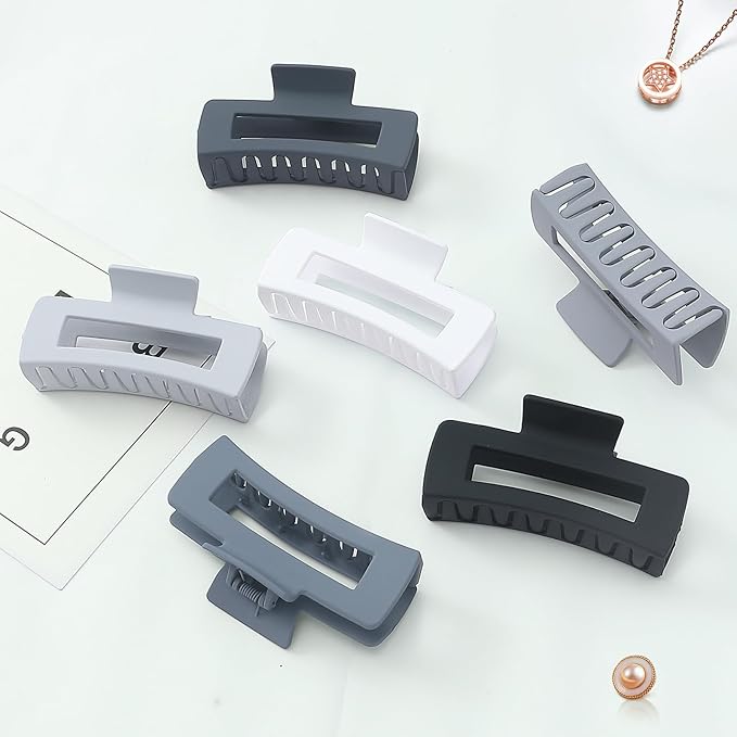 4 Inch Big Hair Claw Clips 6 Pcs Large Claw for Thick Hair Square Hair Clips for Women Rectangle Hair Clips Nonslip Acrylic Banana Jaw Clips Hair Accessories for Girls (Grey)
