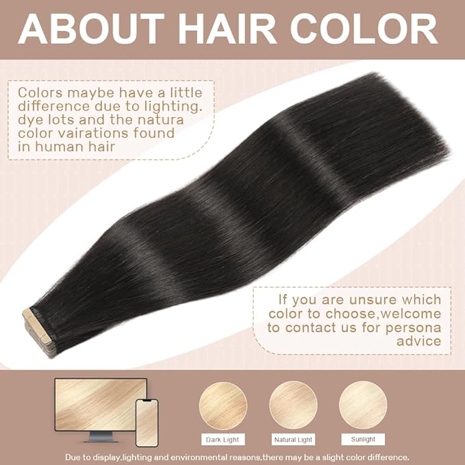 Tape in Hair Extensions Human Hair Natural Black 22 Inch 20Pcs Tape Ins for Women Straight Invisible Seamless Remy