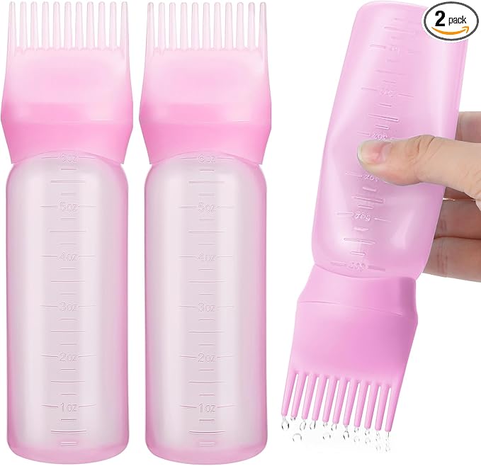 Pimoys 2 Pack Root Comb Applicator Bottle, 6 Ounce Oil Applicator for Hair Dye, Hair Oiling Applicator Hair Coloring Brush Bottle with Graduated Scale