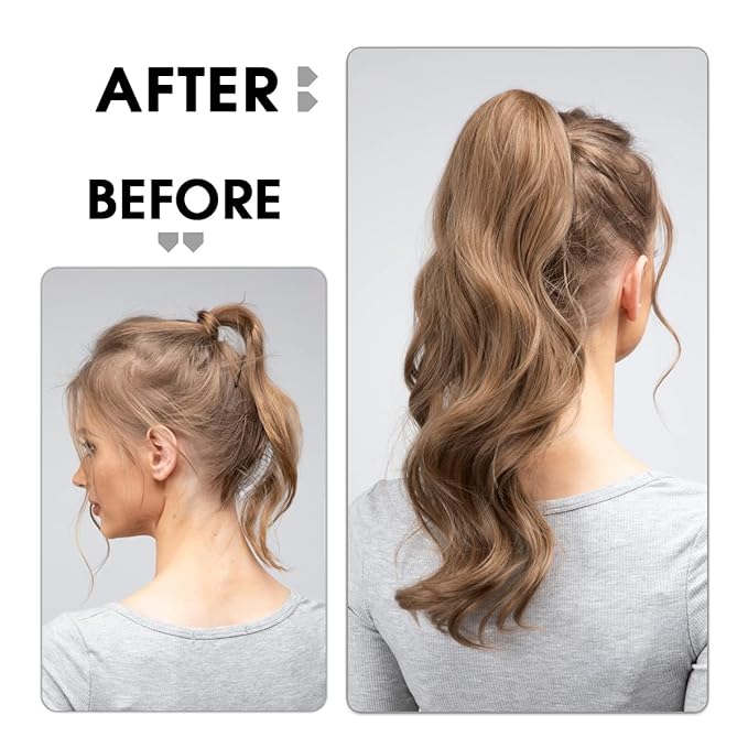 CJL HAIR 22" Long Ponytail Hair Extension Wrap Around Pony Tail Clip in Curly Wavy Synthetic Fake Hairpiece for Women Light Honet Blonde