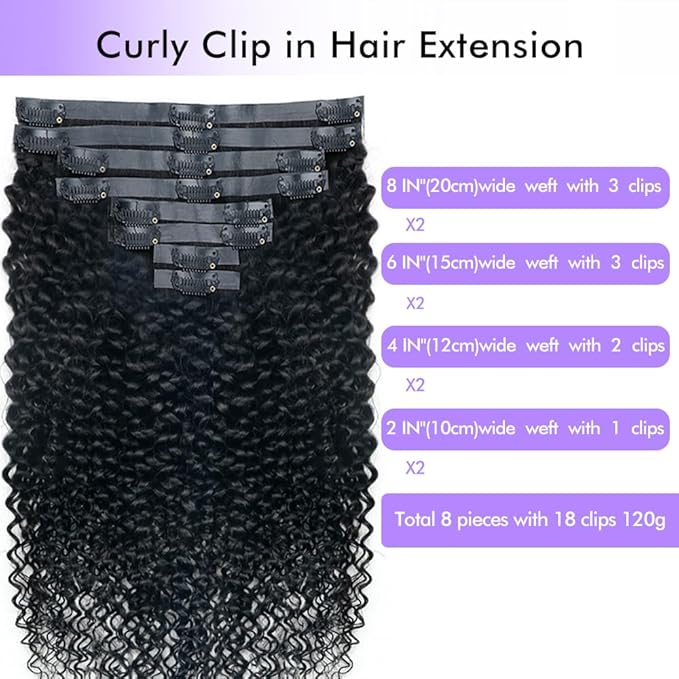 Seamless 3C 4A Kinky Curly Clip In Extension PU Weft Curly Clip in Extension Human Hair Clip Ins Full Head for Black Women Brazilian Remy Human Hair Natural Color 8Pcs with18clips 120g/Set (18 inch)