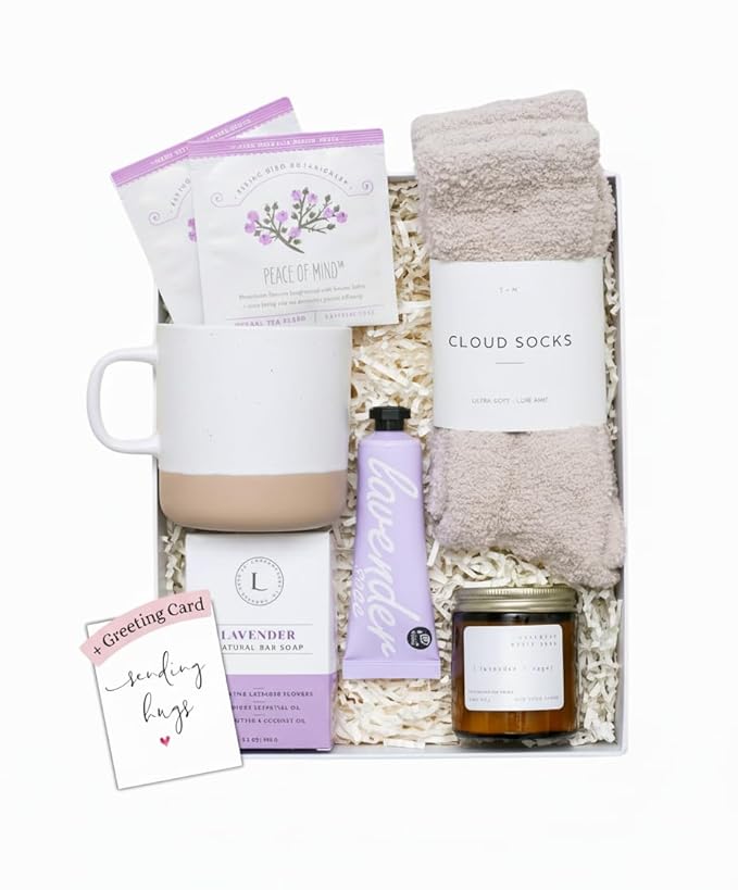 Unboxme Luxury Lavender Spa Gift Set – Relaxation Gift Basket & Care Package for Women with Candle, Bath Bomb, Soap, Cozy Socks, Mug & Tea – Get Well Soon, Sympathy, Birthday Self-Care Gift