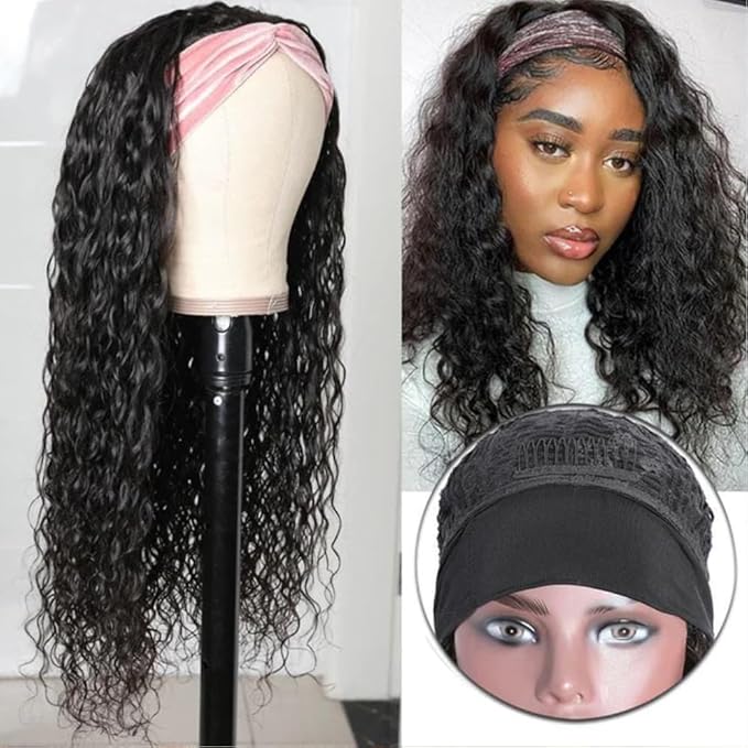 KLAIYI Headband Human Hair Wig Water Wave Curly Non Lace Front Wigs for Black Women Deep Wave Glueless Wear and Go Half Wig 30S Ready to Go Beginner Friendly 180% Density 12A Natural Hairline 14Inch