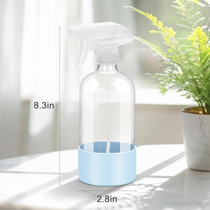 2 Pack Glass Spray Bottles with Silicone Sleeve, 16 oz Empty Refillable Containers with Adjustable Spray Nozzles, Spray Bottles for Hair, Cleaning Solutions and Plants Blue&Pink